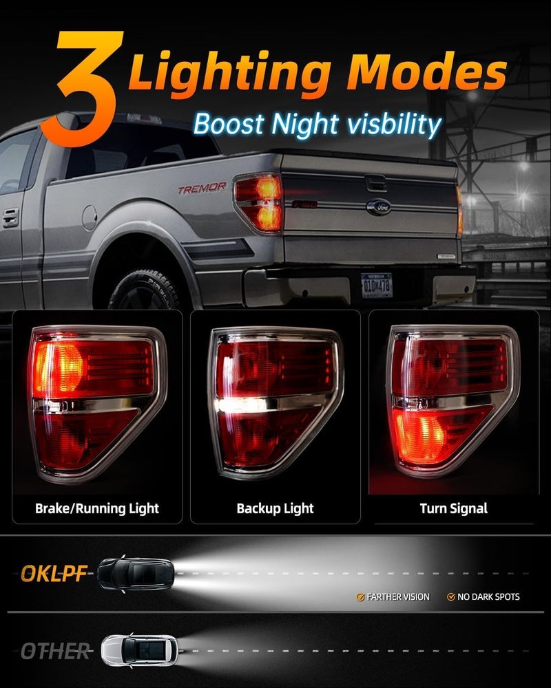 OKLPF Rear Brake Tail Lights Compatible With 2009 2010 2011 2012 2013 2014 Ford F150 F-150,Replace Silver Taillights Assembly Red Chrome Tail Lights,Not Included Bulbs,Left Driver Side - Image 3